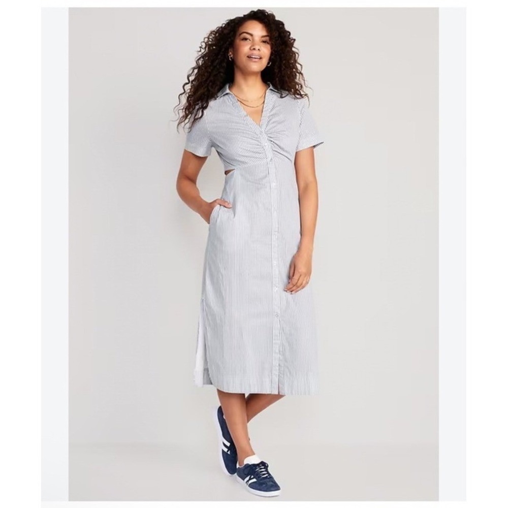 Old Navy Blue White Striped Cut Out Midi Shirt Dress Preppy 100% Cotton S